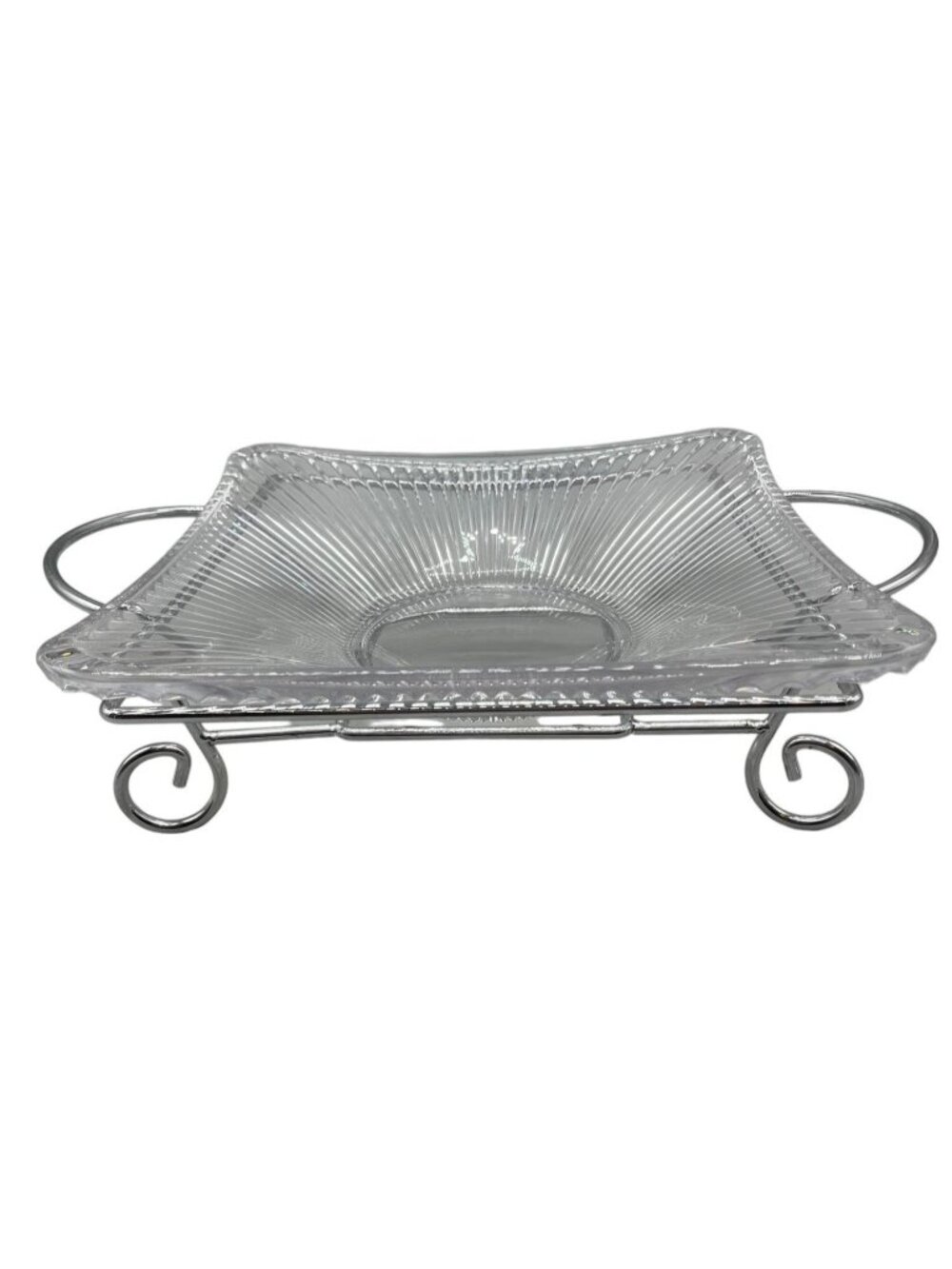 Mikasa center piece square 12x12" with metal rack 4.5" tall glass rippled READ
